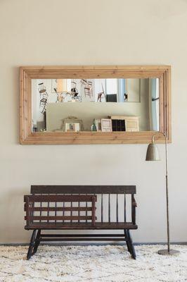 18th Century Early American nanny bench with Irish pine 19th century Mirror and Mid Century woven brass floor lamp.