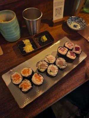 3 cut rolls - salmon, yellowtail (i asked for the scallion), and beet