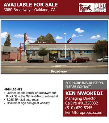 Available For Sale:
 6,255 SF
 3080 Broadway
 Oakland, CA