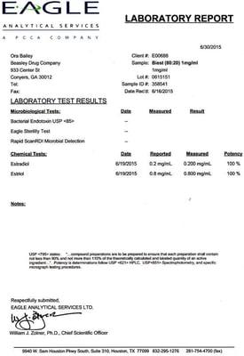 Compounding Lab Report from Eagle Analytical.