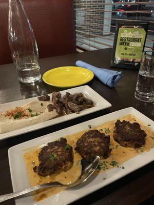 Small serving of Blue Crab Lump Crab Cakes and beef Poco Tips (Restaurant Week's special 2 for $22)