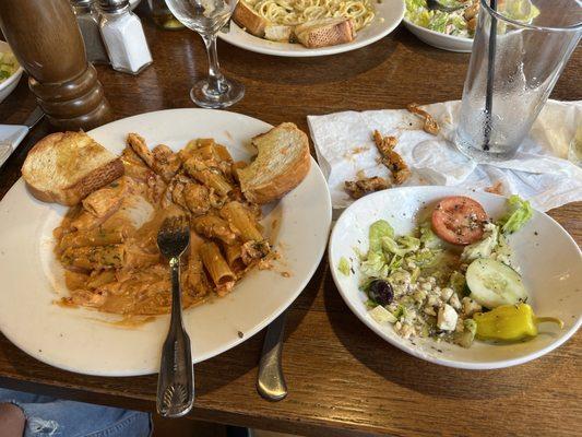 Rigatoni all vodka and a side Greek salad, mystery meat in the rigatoni when chicken was ordered.