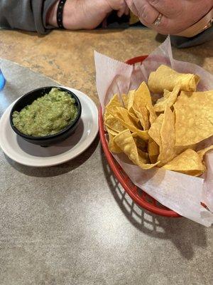 Guac with chips. The chips and salsa are complementary.