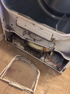 No OUTAKE VENT! lint blows all over the dryer = FIRE HAZARD! YOU should be ashamed but you won't be, because you have no shame!