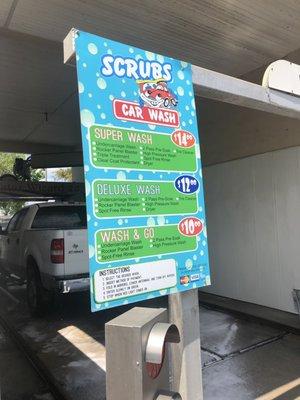 Drive thru wash, I did the super wash and do NOT recommend if your car is in need of a serious wash.