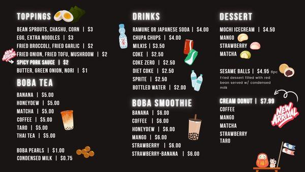 Menu-Drinks, Toppings, Desserts