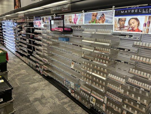 Empty shelves in makeup section, never have what I need due to thefts.