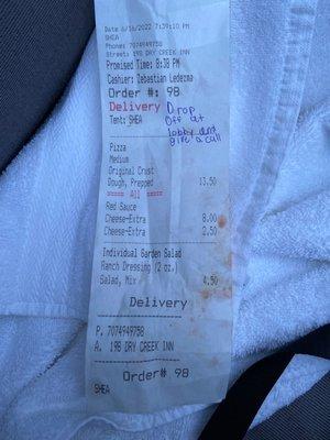 Receipt with charge for salad and the extra "toppings"