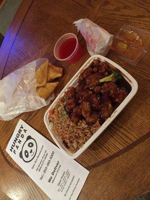 General tso chicken combo with pork fried rice and crab Rangoon(my favorite style triangle crab Rangoon).