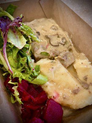 Meat loaf, Mashed Potatoes, pickled beets and spring mix w/ feta!