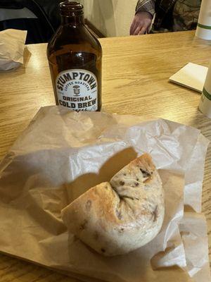 Cinnamon raisin bagel with Stumpton cold brew coffee.