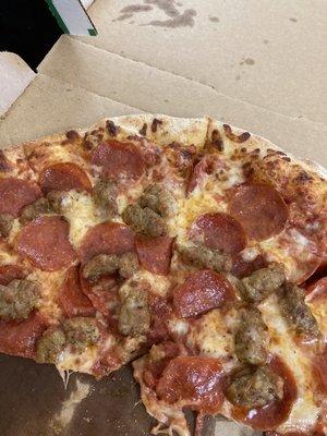 Large two topping pizza (pepperoni and Italian sausage)