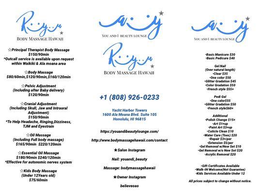 Nail & chiropractic massage menu