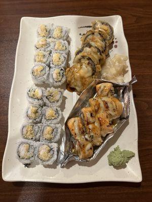 Baked Salmon Roll, Baked Lobster, & 2 crunchy shrimp rolls