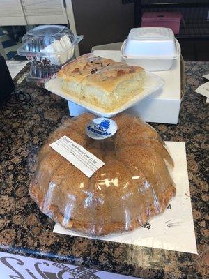 Red velvet cake slices, cream cheese rolls, ham & cheese rolls, and a sour cream pound cake!