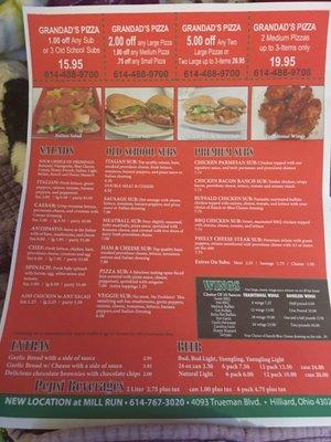 Sub menu for Grandad's Pizza, Morse Rd.