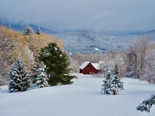 Photo of barn type home with background of mountain and foreground snow topped trees