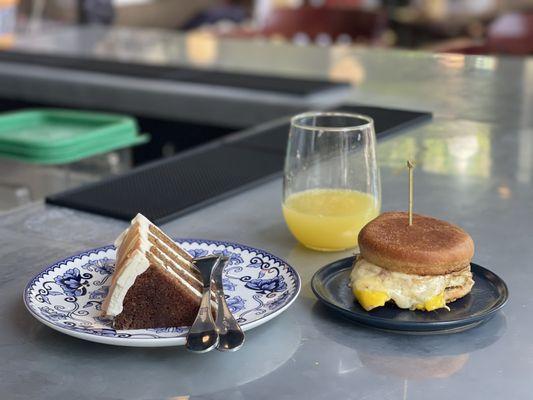 Mimosa, Ellie's Signature Breakfast Sandwich (as is) AND carrot cake for breakfast?! UMMM...YEEEEES!