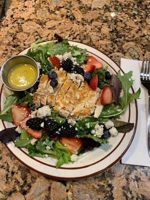 Chicken Berry salad a mix of green with berries blue cheese chicken breast and poppy seed dressing