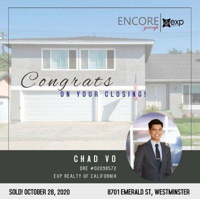 Chad Vo Real Estate Buyers Offer Accepted Escrow Closed Westminster