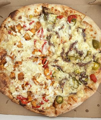 Half Buffalo Chicken / Half Anchovy, Pineapple, and Cherry Peppers