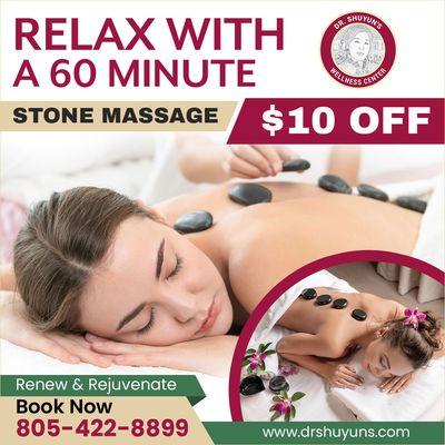 $10 off 60 minute Hot Stone Massage. Book Now