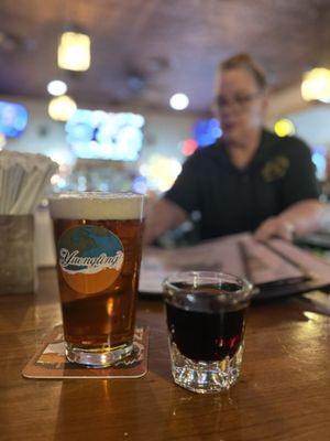 Beer and a shot with Jennifer.