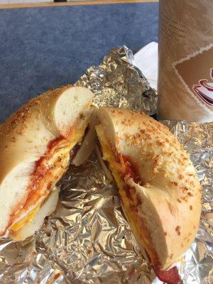 Bacon, egg, and cheese on onion bagel