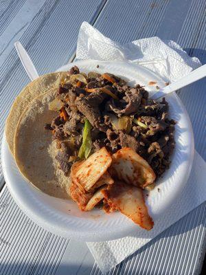 $15 for 2 Beef bulgogi tacos w/kimchi & stale corn tortillas