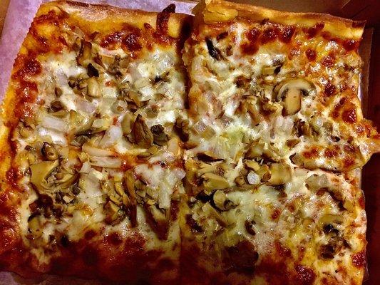 Pizza with mushrooms & onions.