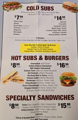 Subs and sandwich menu