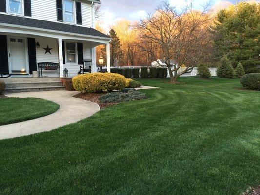 Home with green lawn and well-kept landscape.