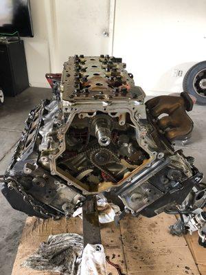 This is a Cadillac DeVille engine. This engine had massive oil leaks. We had to completely disassemble the engine to fix all leaks