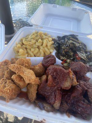 Part of the mob meal combo: Smackaroni, greens, fried chicken, hot links, and rib tips. 100% vegan!!