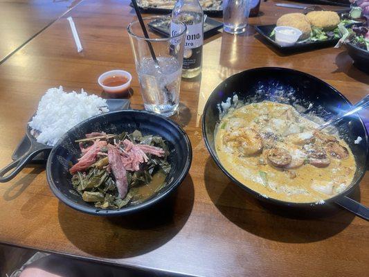 Shrimp n Grits, collard greens w turkey & red beans with rice