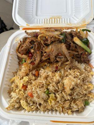 Mongolian Beef lunch with vegetable fried rice