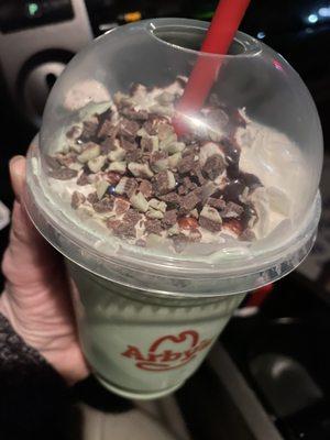 Chocolate mint shake with crumble bits of chocolate mint candy and chocolate sauce on the top!