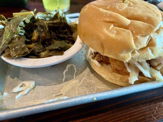 Shrimp burger with a side of collards.  Both amazing.