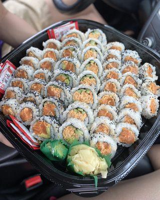 Large platter of sushi - spicy salmon roll, special salmon roll, and special shrimp roll. My friend and I wolfed it down in 30 minutes!