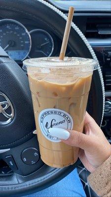 Iced caramel latte with oat milk