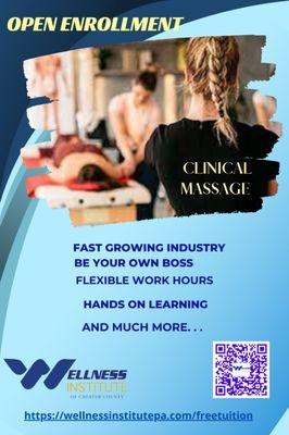 Enrollment is Open for the Clinical Massage Therapy Program! 
Join today https://wellnessinstitutepa.com/