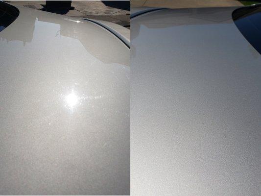 Before and after of trunk lid that got a paint correction to remove 10 years of scratches and swirls