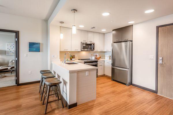 Kitchen featuring stainless-steel appliances, quartz countertops, and hardwood-style vinyl flooring.