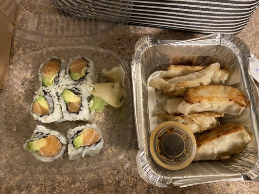 Salmon avocado roll and gyoza