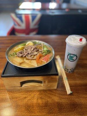 premium lamb with taiwanese satay soup base. Taro milk tea large with boba. Super good!