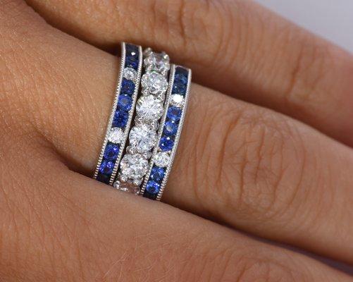 Diamond and sapphire eternity bands stack! Customize your stack with our existing selection or custom design a band with our designers!