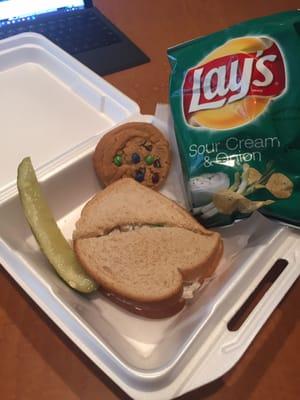 Chicken salad sandwich, chips, pickle, drink and cookie for 4.99, no tax.