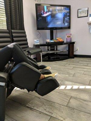 Nice clean welcoming dental office with a massage chair while you wait and snacks to carry you over.