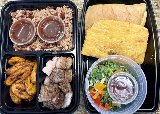 Rice, plantains, jerk pork, cocoa bread, beef patty, and salad