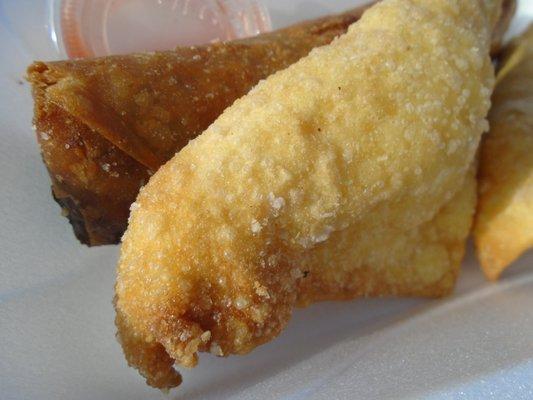 Egg roll & fried cream cheese wontons, close-up.